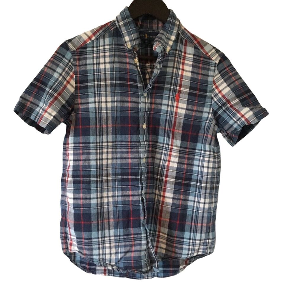 Ralph Lauren Kids Button Down Short Sleeve Blue/White/Red Plaid Shirt Size LG